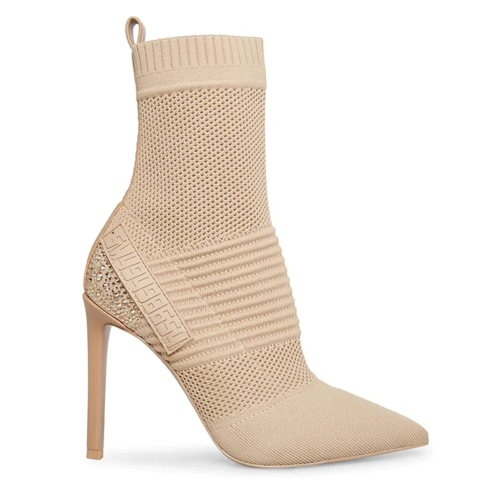 NEW Steve Madden Maxwelle Pointed Jeweled Bling Heeled Ankle Sock Booties Nude - Picture 2 of 11
